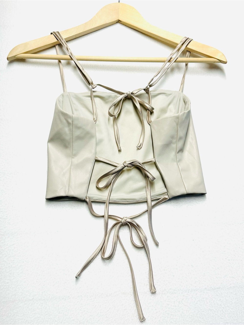 Garage Faux Leather Corset Bustier Crop Top Ivory Tie Back Size M